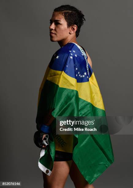 Jessica Andrade of Brazil poses for a portrait backstage during the UFC Fight Night event inside the Saitama Super Arena on September 22, 2017 in...