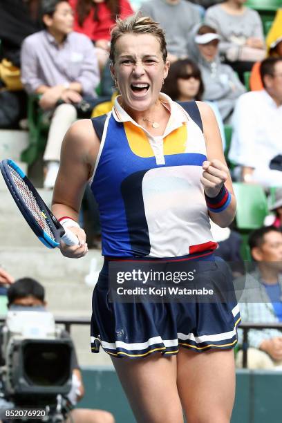 Anastasia Pavlyuchenkova of Russia celebrate winning in her semi final match against Angelique Kerber of Germany during day six of the Toray Pan...