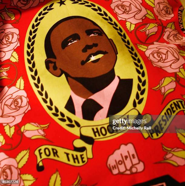 Cloth commemorating the first U.S. African American President Barack Obama created by Shine Shine's Heidi Chisholm and Tracy Rushmere on display...