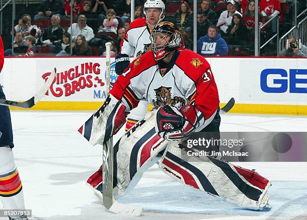 Craig Anderson of the Florida Panthers skates against the New Jersey Devils at the Prudential Center on February 28, 2009 in Newark, New Jersey. The...