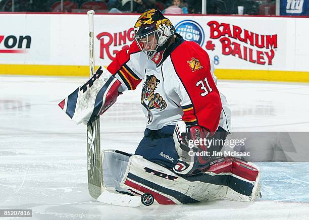 Craig Anderson of the Florida Panthers skates against the New Jersey Devils at the Prudential Center on February 28, 2009 in Newark, New Jersey. The...