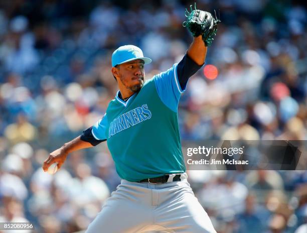 Yovani Gallardo of the Seattle Mariners in action against the New York Yankees at Yankee Stadium on August 26, 2017 in the Bronx borough of New York...