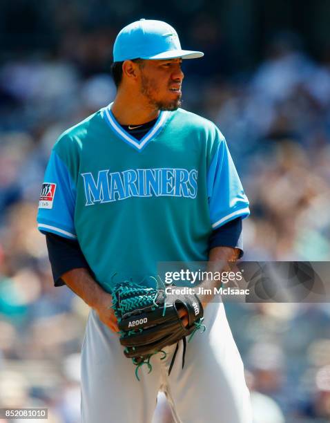 Yovani Gallardo of the Seattle Mariners in action against the New York Yankees at Yankee Stadium on August 26, 2017 in the Bronx borough of New York...