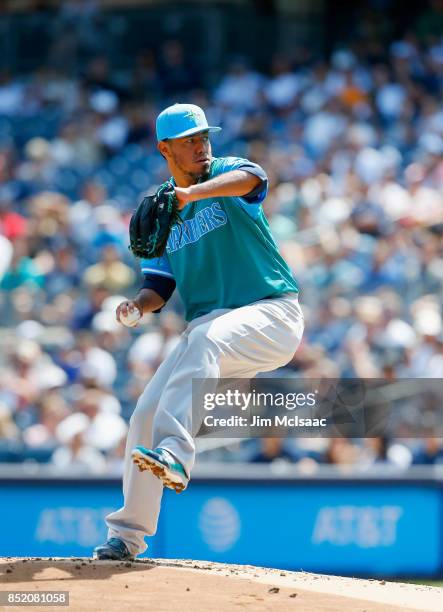 Yovani Gallardo of the Seattle Mariners in action against the New York Yankees at Yankee Stadium on August 26, 2017 in the Bronx borough of New York...