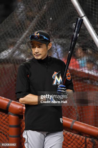 Ichiro Suzuki of the Miami Marlins prepares for a game against the Arizona Diamondbacks at Chase Field on September 22, 2017 in Phoenix, Arizona.