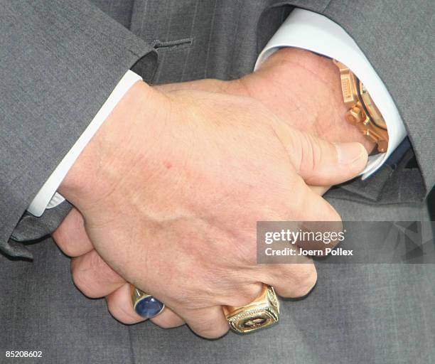 Rings are seen at the fingers of California Governor Arnold Schwarzenegger as he speaks at the CeBIT technology trade fair on March 3, 2009 in...