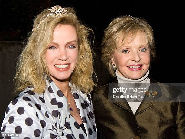 Actress Donna Mills and actress Florence Henderson pose together at "The First 80 Years Are The Hardest" An Intimate Evening with Carol Channing at...