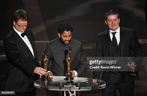 Resul Pookutty accepts the award for Achievement in Sound Editing for "Slumdog Millionaire" with Ian Tapp and Richard Pryke during the 81st Annual...