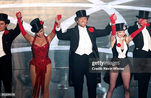 Host Hugh Jackman and singer Beyonce Knowles perform on stage during the 81st Annual Academy Awards held at Kodak Theatre on February 22, 2009 in Los...