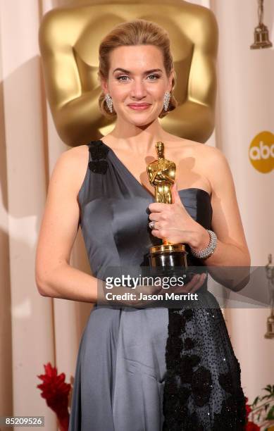 Actress Kate Winslet poses after winning the Best Actress award for "The Reader" in the press room at the 81st Annual Academy Awards held at Kodak...