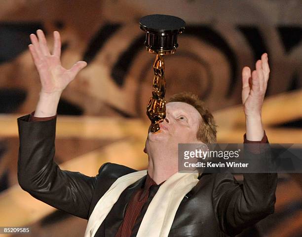 Performance artist Philippe Petit poses with the Best Documentary award for "Man on Wire" during the 81st Annual Academy Awards held at Kodak Theatre...
