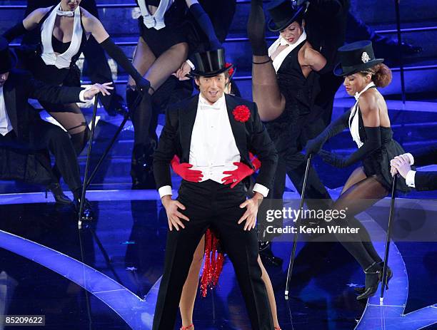 Host Hugh Jackman and Singer Beyonce Knowles perform on stage during the 81st Annual Academy Awards held at Kodak Theatre on February 22, 2009 in Los...