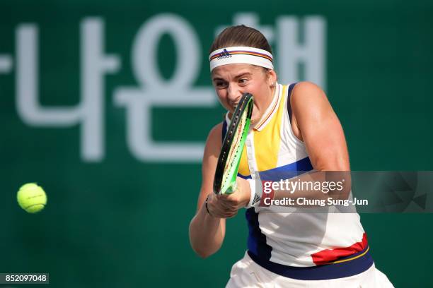 Jelena Ostapenko of Latvia plays a shot against Luksika Kumkhum of Thailand during day six of the KEB Hana Bank - Incheon Airport Korea Open at the...