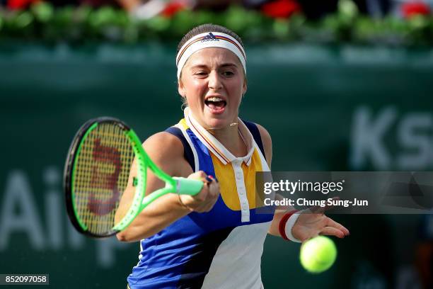 Jelena Ostapenko of Latvia plays a shot against Luksika Kumkhum of Thailand during day six of the KEB Hana Bank - Incheon Airport Korea Open at the...