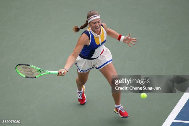 Jelena Ostapenko of Latvia plays a shot against Luksika Kumkhum of Thailand during day six of the KEB Hana Bank - Incheon Airport Korea Open at the...