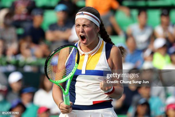 Jelena Ostapenko of Latvia reacts after a shot during her match against Luksika Kumkhum of Thailand during day six of the KEB Hana Bank - Incheon...