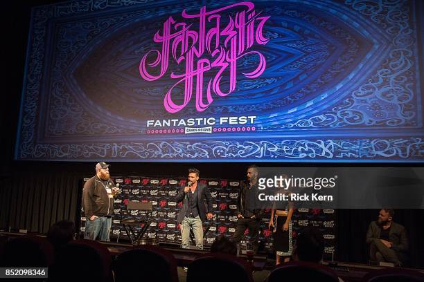 Actor Frank Grillo, director Jeremy Rush, actress Caitlin Carmichael, and producer Joe Carnahan at the Netflix Films Wheelman Premier at Fantastic...