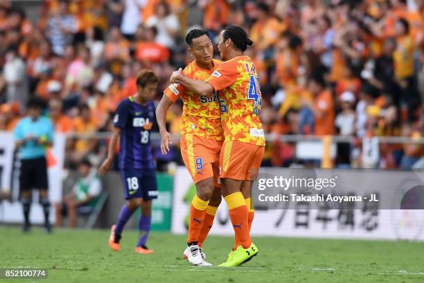 Chong Tese of Shimizu S-Pulse celebrates scoring his side's first goal with Makoto Kakuda of Shimizu S-Pulse during the J.League J1 match between...