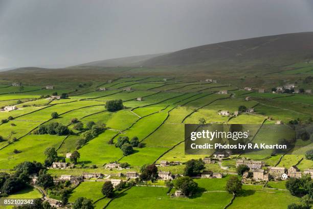 patchwork of green fields in the yorkshire dales, england - north yorkshire dales stock pictures, royalty-free photos & images