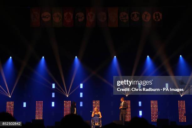 Hannah Cockroft speaks to the crowd during the opening ceremony on day one of the Sainsburys 2013 School Games at the Motorpoint Arena, Sheffield....