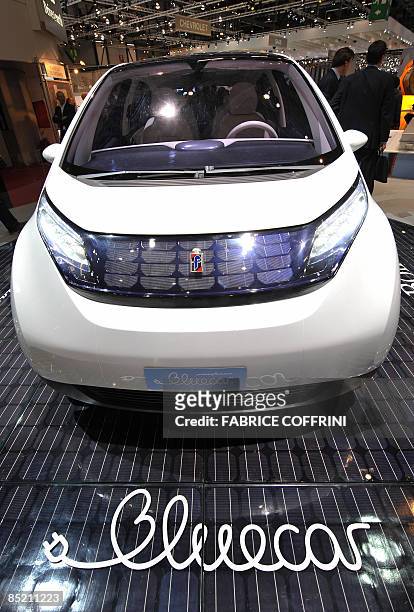 The Bollore-Pininfarina "BlueCar" electric city car is seen during the launch of pre-rental operations on the second media day of the 79th Geneva Car...