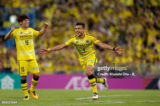Cristiano of Kashiwa Reysol celebrates scoring his side's fourth goal during the J.League J1 match between Kashiwa Reysol and FC Tokyo at Hitachi...