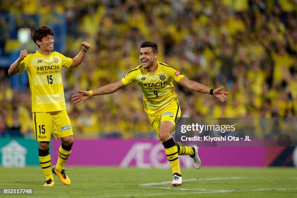 Cristiano of Kashiwa Reysol celebrates scoring his side's fourth goal during the J.League J1 match between Kashiwa Reysol and FC Tokyo at Hitachi...