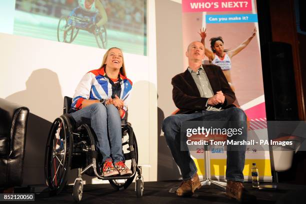 Hannah Cockroft and Matt Slater during the Who's Next event on day two of the 2013 Sainsburys School Games at Birkdale Senior School, Sheffield....