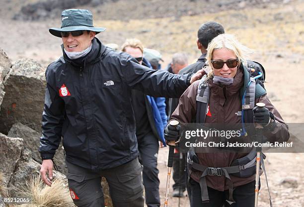 Ben Shephard and Denise Van Outen arrive in camp on the third day of The BT Red Nose Climb of Kilimanjaro on March 4, 2009 in Arusha, Tanzania....