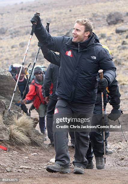 Gary Barlow arrives in camp on the third day of The BT Red Nose Climb of Kilimanjaro on March 4, 2009 in Arusha, Tanzania. Celebrities Ronan Keating,...
