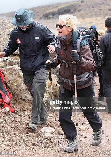 Denise Van Outen smiles as she reaches camp on the third day of The BT Red Nose Climb of Kilimanjaro on March 4, 2009 in Arusha, Tanzania....