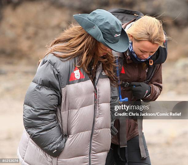 Kimberley Walsh and Cheryle Cole trek on the third day of The BT Red Nose Climb of Kilimanjaro on March 4, 2009 in Arusha, Tanzania. Celebrities...