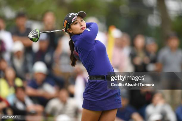 Miyuki Takeuchi of Japan hits her tee shot on the 10th hole during the second round of the Miyagi TV Cup Dunlop Ladies Open 2017 at the Rifu Golf...