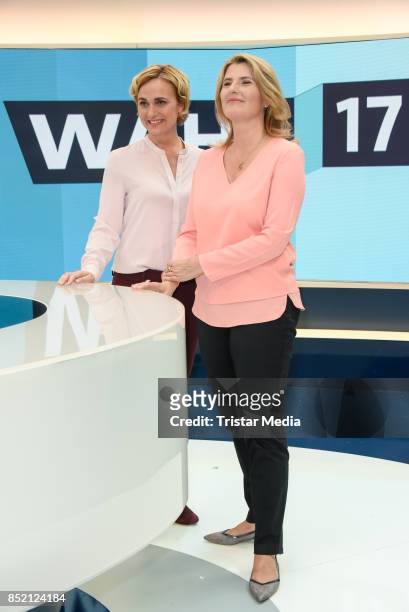 Caren Miosga and Tina Hassel during the 'Bundestagswahl' TV Show Photo Call on September 22, 2017 in Berlin, Germany.