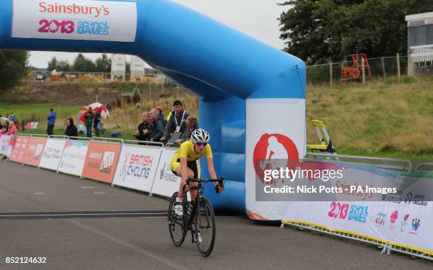 The Girls A heat winner crosses the line in the cycling during day two of the 2013 Sainsburys School Games at Forge Valley School, Sheffield. PRESS...