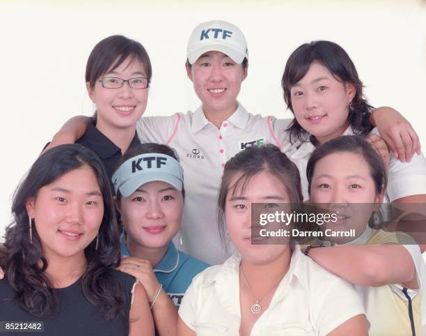 Closeup portrait of LPGA players from South Korea: Seon Hwa Lee, Shi Hyun Ahn, Meena Lee, Birdie Kim, Sung Ah Yim, Kyeong Bae, and Jee Young Lee at...