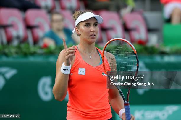 Beatriz Haddad Maia of Brazil reacts after a shot against Richel Hogenkamp of Netherlands during day six of the KEB Hana Bank - Incheon Airport Korea...