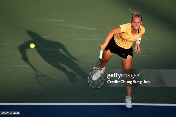 Richel Hogenkamp of Netherlands serves against Beatriz Haddad Maia of Brazil during day six of the KEB Hana Bank - Incheon Airport Korea Open at the...