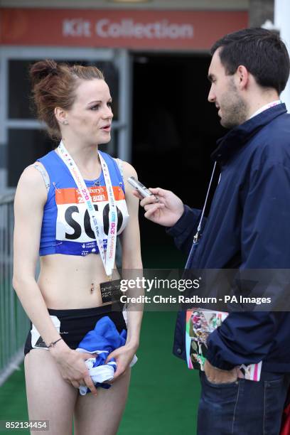 Scotland's Katie Purves is interviewed by Sports Beat's Ben Baker after winning the girls 300m hurdles during day three of the 2013 Sainsburys School...