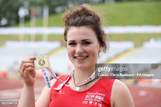 Wales' Adele Nicoll celebrates winning gold for girls shot put on day three of the 2013 Sainsburys School Games at Don Valley Stadium, Sheffield....