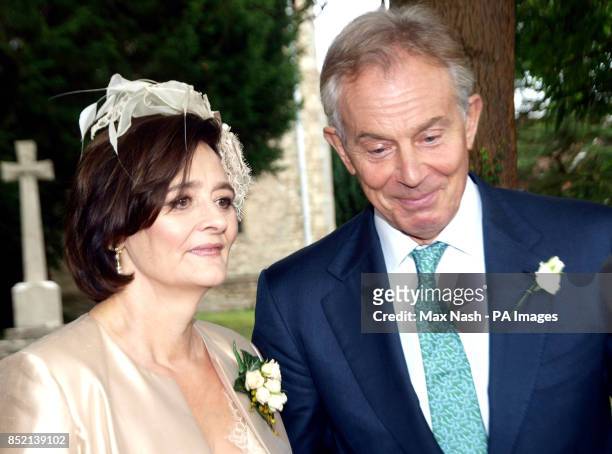 Former Prime Minister Tony Blair arrives with his wife Cherie Blair leaving after the wedding of their son Euan Blair to Suzanne Ashman at All Saints...