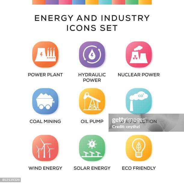 energy and industry icons set on gradient background - oil pipeline truck stock illustrations