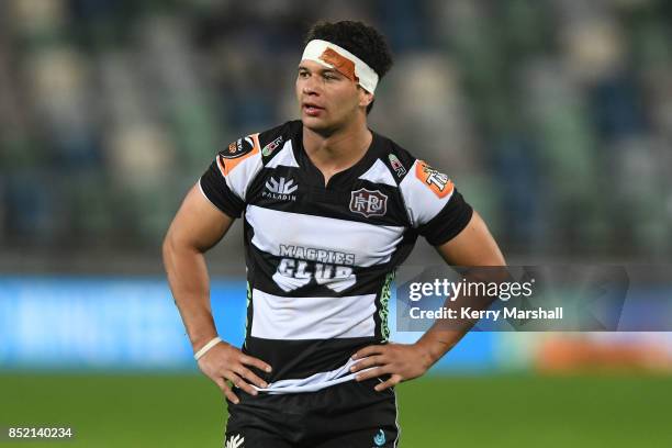 Jonah Lowe of Hawke's Bay during the round six Mitre 10 Cup match between Hawke's Bay and Taranaki at McLean Park on September 23, 2017 in Napier,...