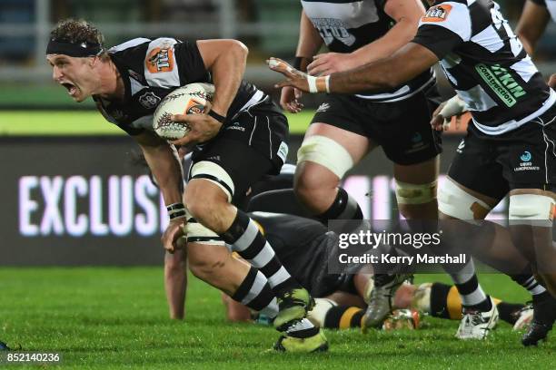 Hugh Renton of Hawke's Bay looks for a gap during the round six Mitre 10 Cup match between Hawke's Bay and Taranaki at McLean Park on September 23,...