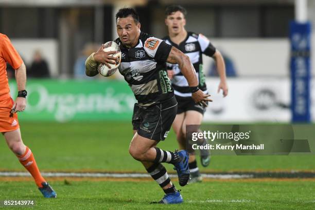 Ash Dixon of Hawke's Bay runs during the round six Mitre 10 Cup match between Hawke's Bay and Taranaki at McLean Park on September 23, 2017 in...