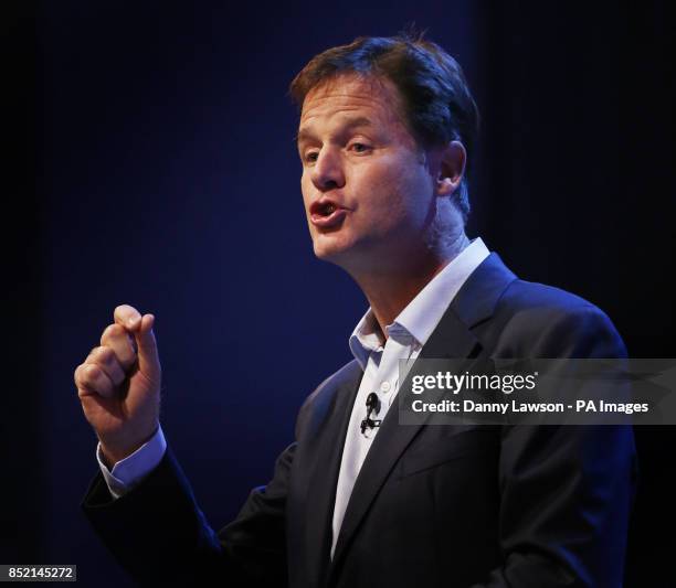 Liberal Democrats leader Nick Clegg addresses the Liberal Democrats' autumn conference at The Clyde Auditorium in Glasgow, Scotland.