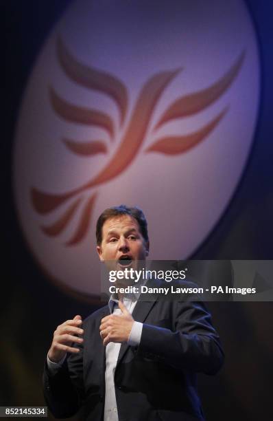 Liberal Democrats leader Nick Clegg addresses the Liberal Democrats' autumn conference at The Clyde Auditorium in Glasgow, Scotland.