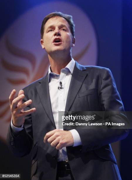 Liberal Democrats leader Nick Clegg addresses the Liberal Democrats' autumn conference at The Clyde Auditorium in Glasgow, Scotland.