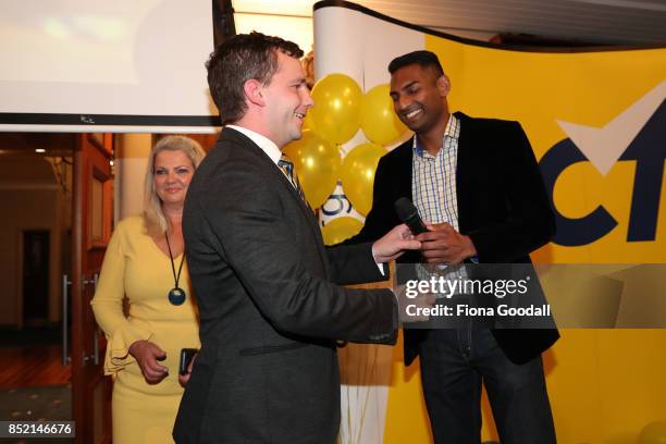 Leader David Seymour arrives to speak to supporters at the Royal New Zealand Yacht Squadron on September 23, 2017 in Auckland, New Zealand. Voters...