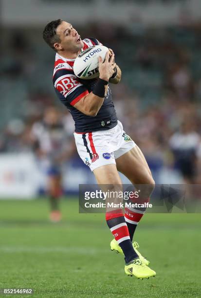 Michael Gordon of the Roosters takes a high ball during the NRL Preliminary Final match between the Sydney Roosters and the North Queensland Cowboys...